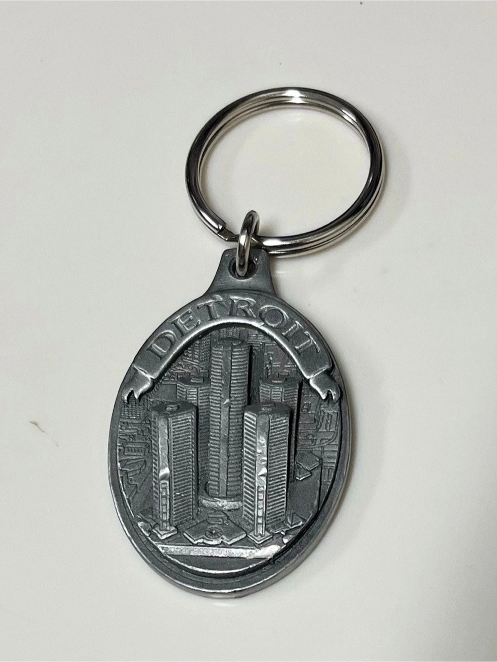 Vintage Detroit Renaissance Center Pewter Keychain; (Detroit Skyline Souvenir)